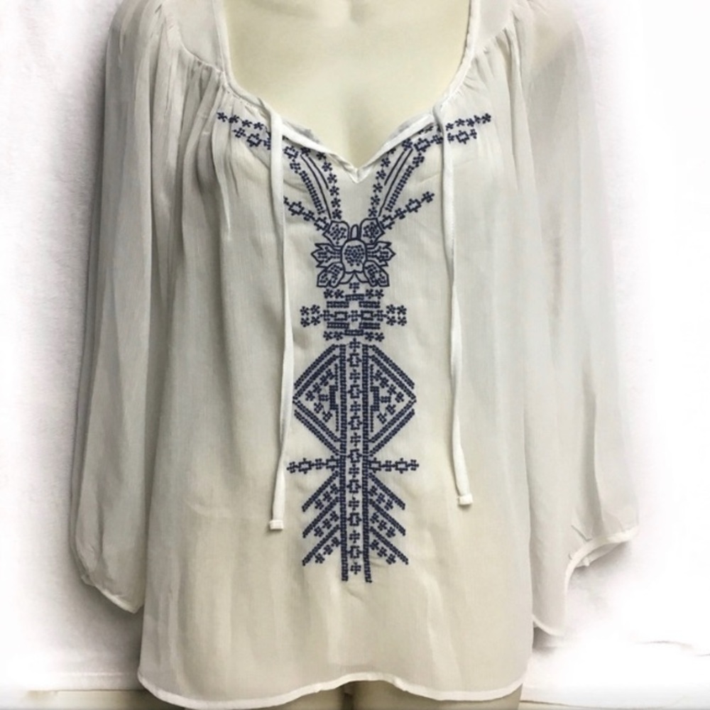 White Sheer Top with Blue Embroidery